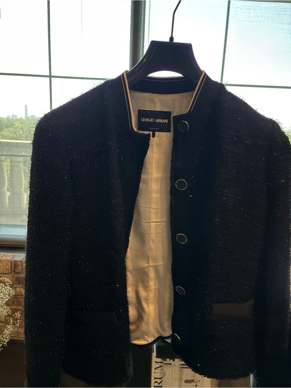 Giorgio Armani Black Bouclé Bomber Jacket with Subtle Metallic Thread